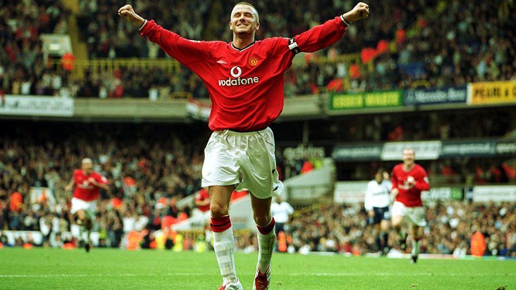 David Beckham celebrates scoring Manchester United's fifth goal at Tottenham in 2001