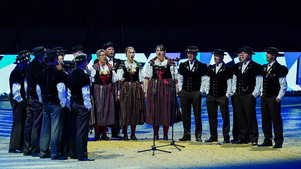 A yodelling group perform during the opening ceremony during the FEI World Cup Finals 2025 Basel Day 1 at St. Jakobshalle on April 02, 2025 in Basel, Switzerland.