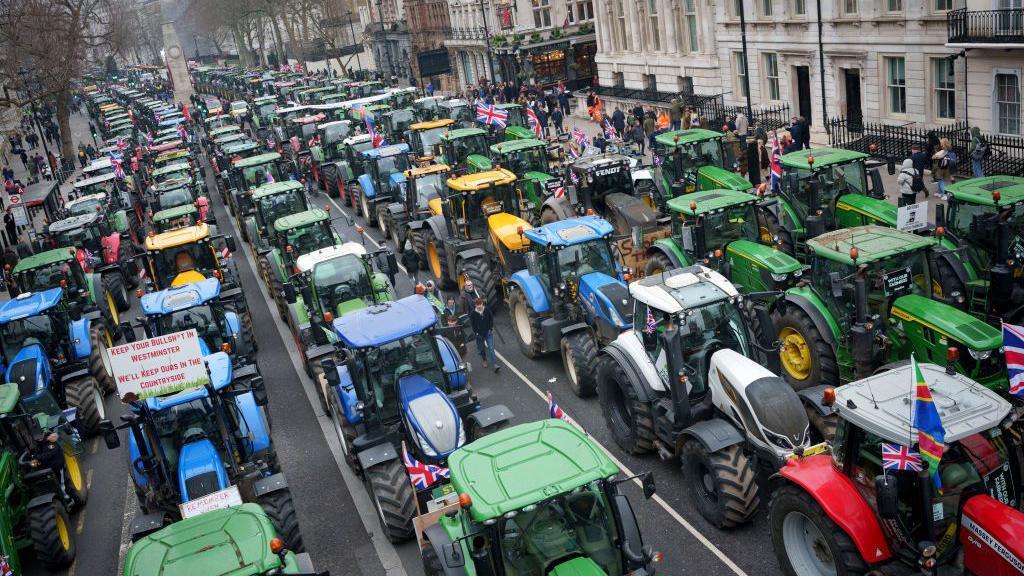 Lines and lines of tractors parked in protest in central London