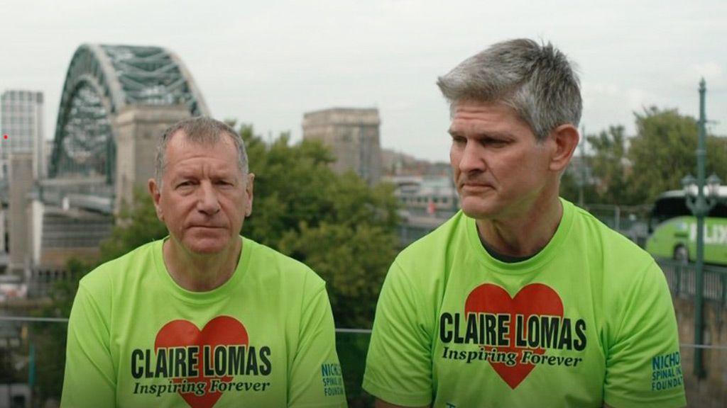 Stuart Hall and Dan Lomas saw talking to the BBC wearing t-shirts that read 'Claire Lomas, inspiring forever'
