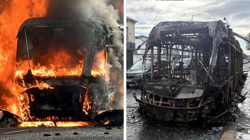 Composite of burned out bus and bus on fire in Belfast