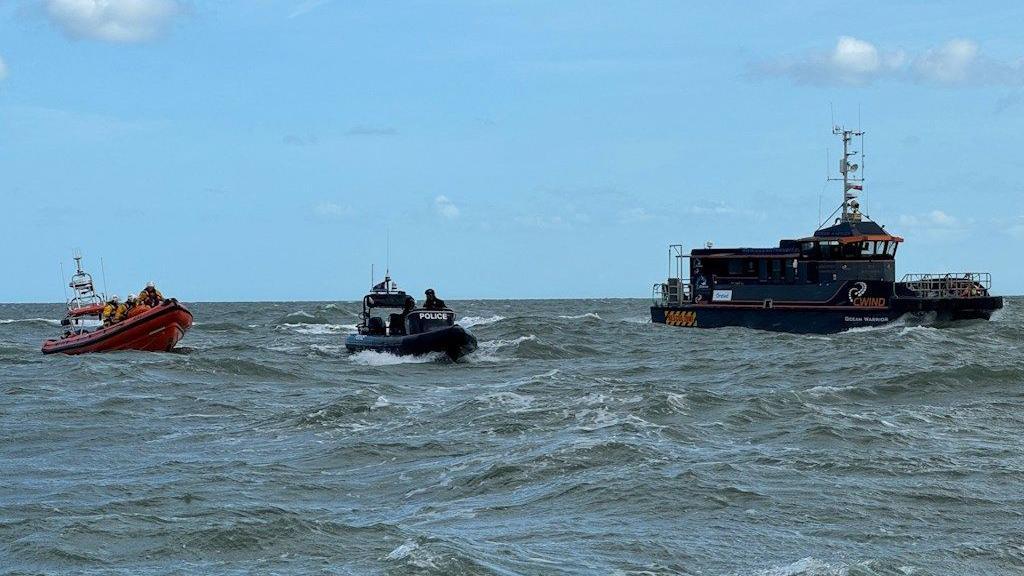 The Burnham on Crouch lifeboat, the Essex Police rib Sentinel and the Gunfleet Sands crew transfer vessel