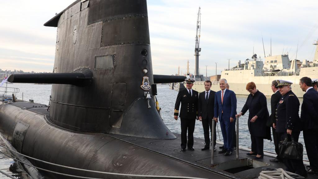 A photo of Malcolm Turnbull and Emmanuel Macron on a submarine