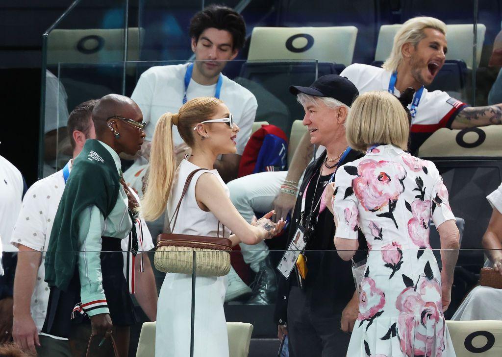  Cynthia Erivo, Ariana Grande, Anna Wintour and Baz Luhrmann interact upon attending the Artistic Gymnastics Women's Qualification on day two of the Olympic Games in Paris 