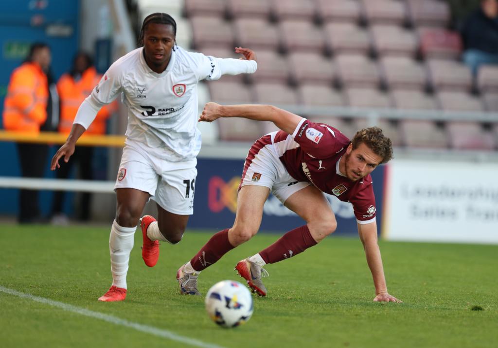 NORTHAMPTON, ENGLAND - APRIL 28: Max Dyche of Northampton Town contests the ball with Reyes Cleary of Barnsley during the Sky Bet League One match between Northampton Town and Barnsley at Sixfields on April 28, 2026 in Northampton, England. (Photo by Pete Norton/Getty Images)