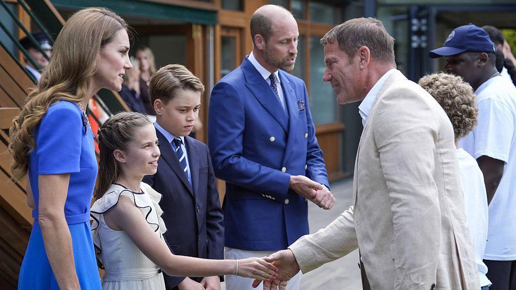 Princesses Catherine and Charlotte, Prince George and Prince William chatting to Steve Backshall at Wimbledon