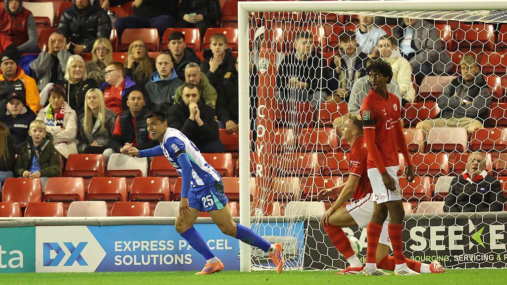 Diego Gomez wheels away after scoring for Brighton against Barnsley in the Carabao Cup
