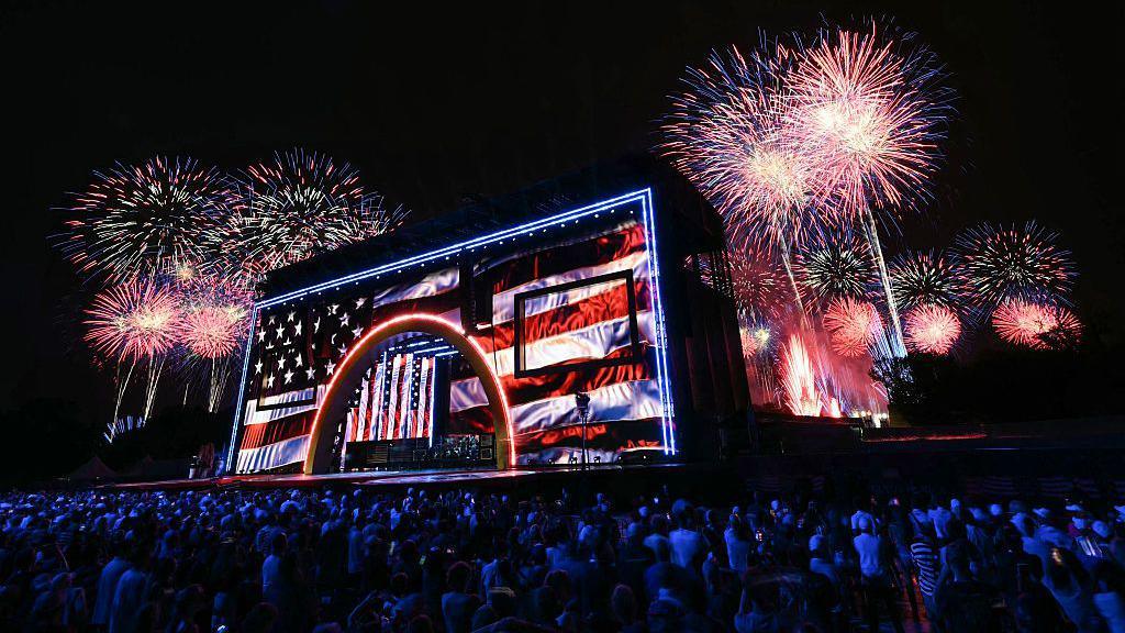 A fireworks display is seen during the "Salute to America" Independence Day celebration on the National Mall in Washington, DC.