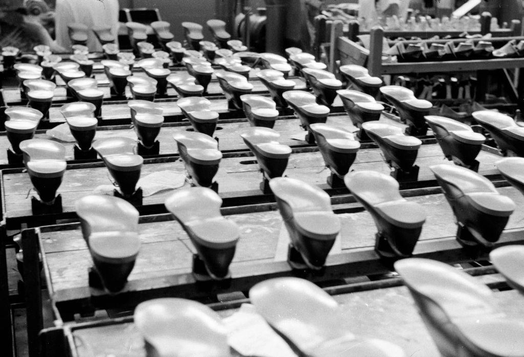 Racks of shoes on the production line at the Gleneagles factory of the Saxone Shoe Company at its headquarters in the Scottish town of Kilmarnock.