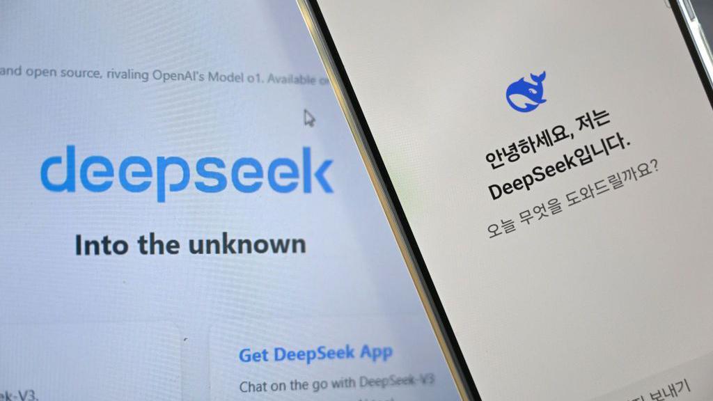 A phone screen showing the blue whale DeepSeek logo with Korean writing underneath it.