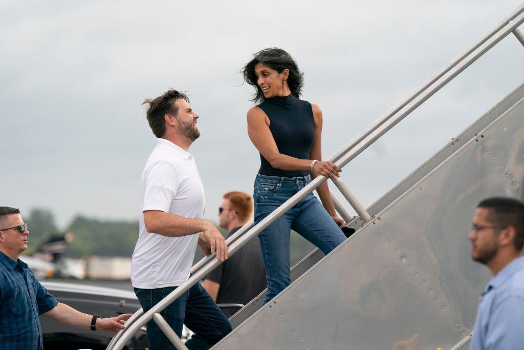 JD Vance and his wife Usha Vance depart in Greenville, North Carolina, on 14 September 2024