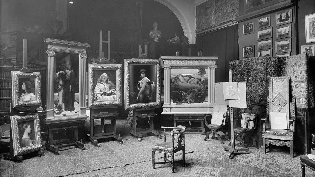 Lord Frederic Leighton's studio, Leighton House, 12 Holland Park Road, London, 1895. Interior view showing recently completed works including 'Flaming June' and 'The Maid with the Golden Hair'. (Photo by English Heritage/Heritage Images/Getty Images)