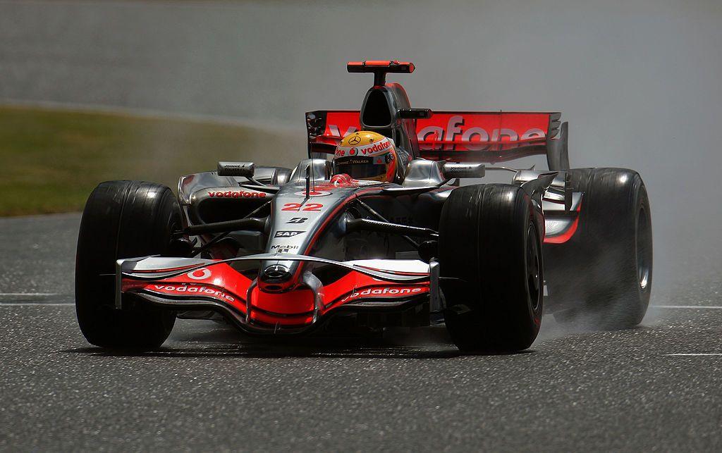 Lewis Hamilton drives his McLaren in wet conditions in the 2008 British Grand Prix