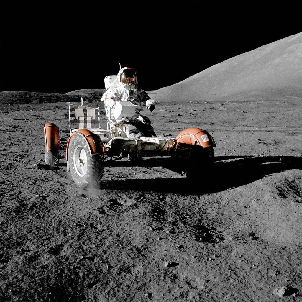 Astronaut Eugene A. Crenan, Mission commander, on the Lunar Roving Vehicle, Apollo 17 mission to the moon.