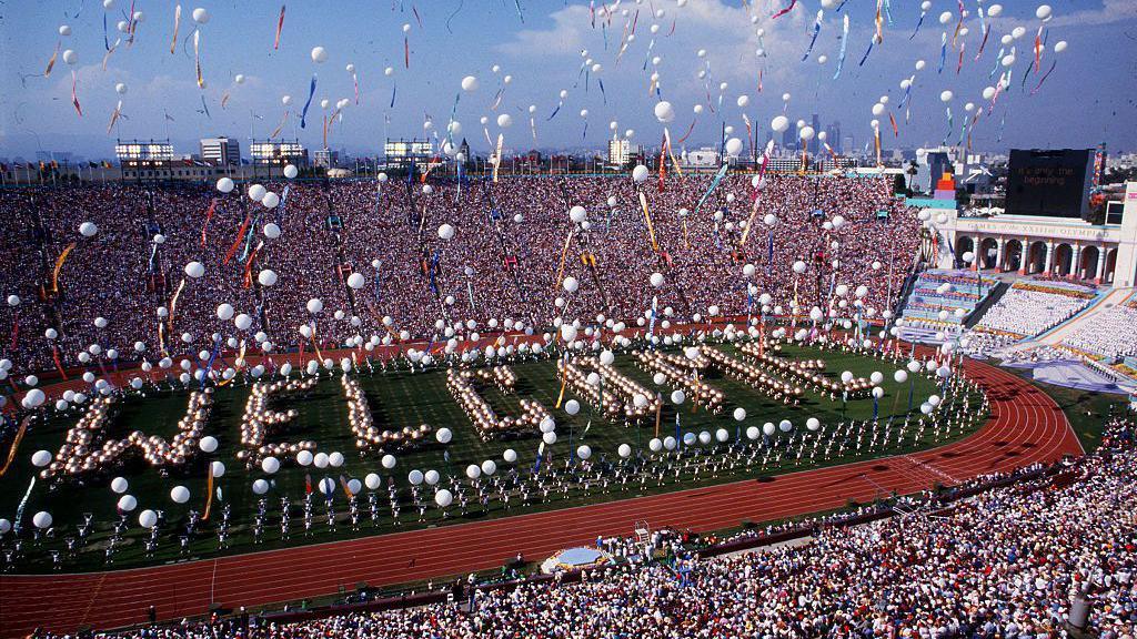 The opening ceremony of the 1984 Olympics takes place in the LA Memorial Coliseum