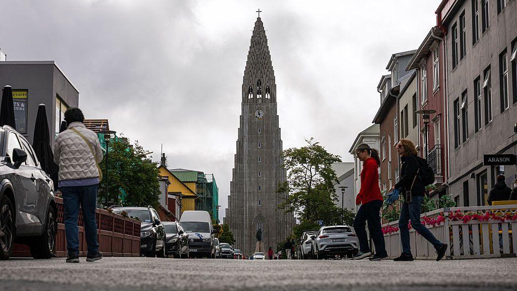 The Hallgrimskirkja church is pictured in Reykjavik, Iceland on August 25, 2026 ahead of the country's upcoming referendum