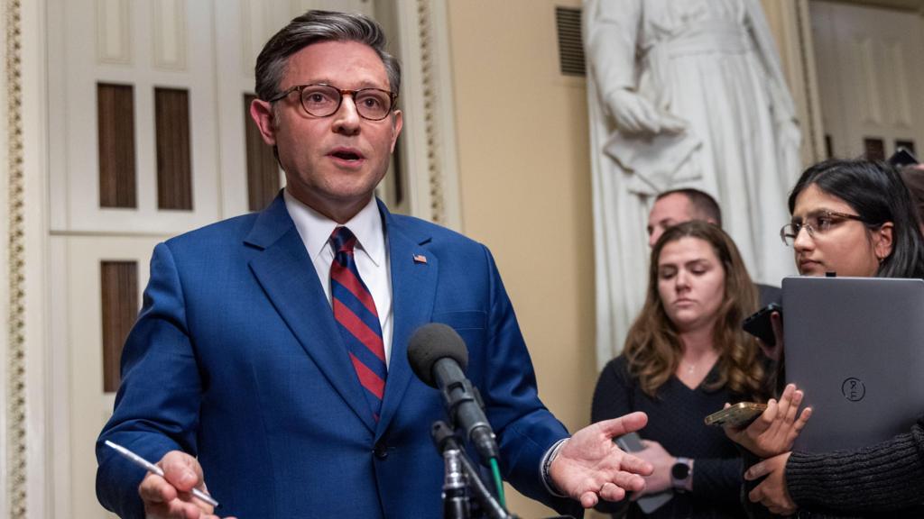 Speaker of the House Mike Johnson delivers remarks to the news media as the House votes on a Republican plan to avert a government shutdown at the US Capitol in Washington, DC, USA, 19 December 2024.