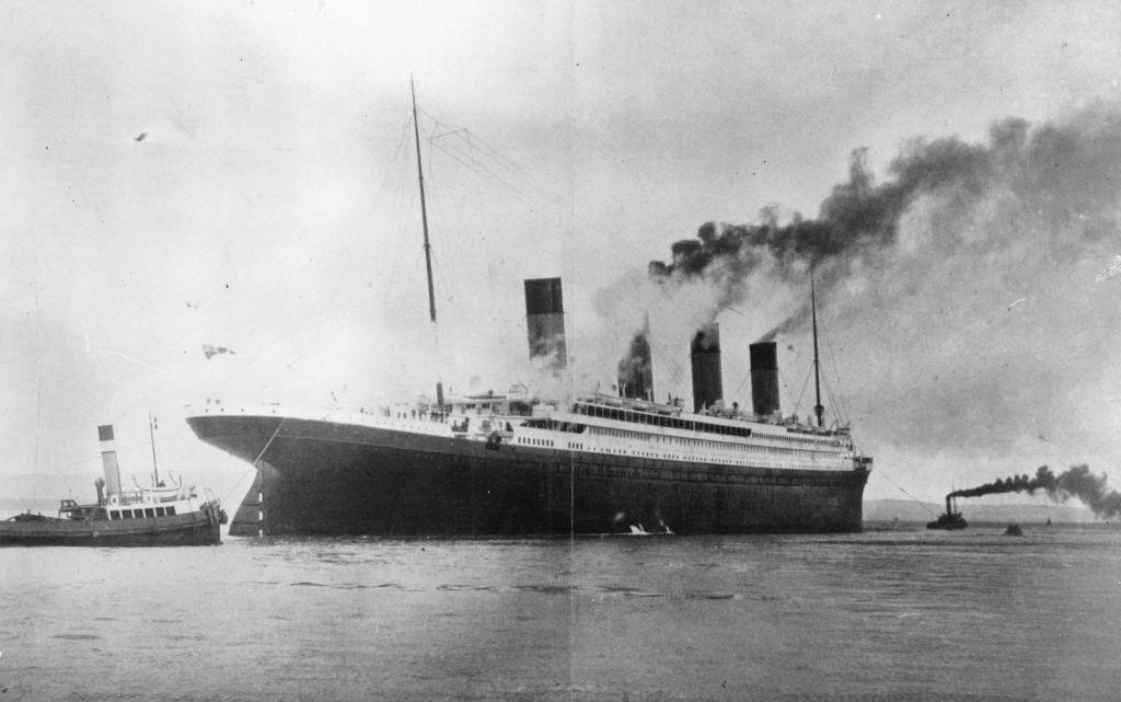 The Titanic ship in the water.