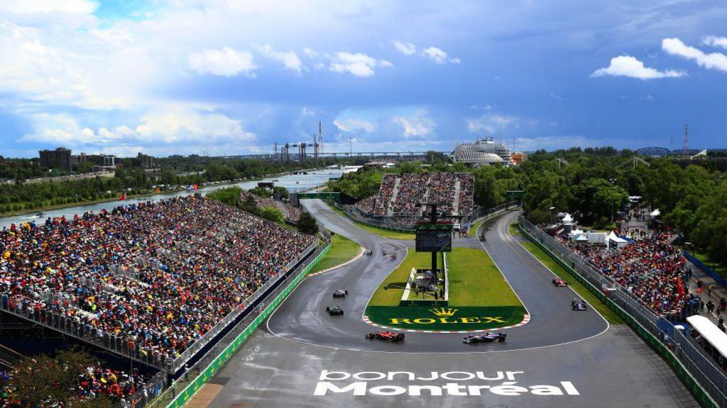 A general view of the race action from the hairpin at Turn 10 during the 2025 Canadian Grand Prix at Circuit Gilles Villeneuve