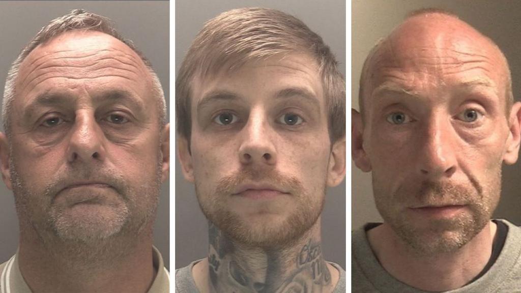 The mugshots of Derek Drummond (L), Declan Geiran (C) and Liam Riley (R)