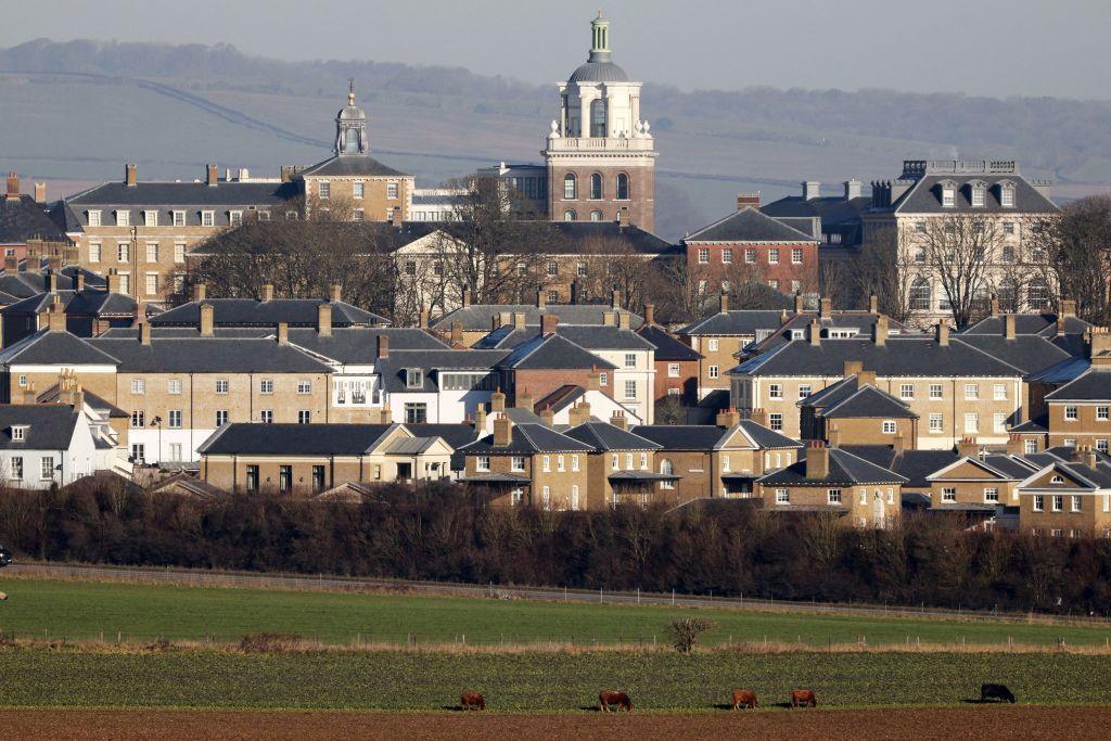 A photograph taken on February 7 2023, shows a general view of Poundbury and the surrounding fields