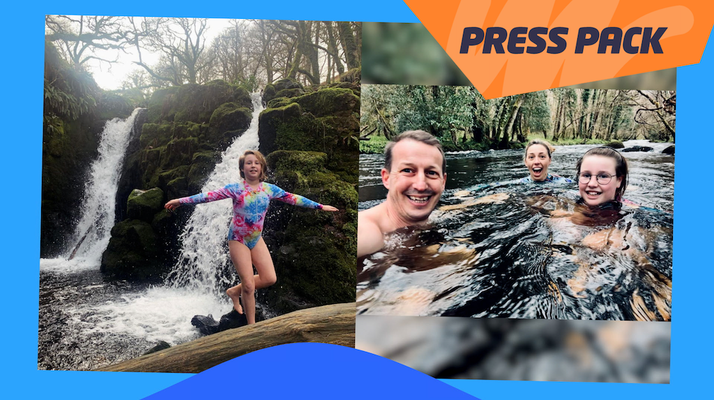 Eva by a waterfall and swimming with her parents