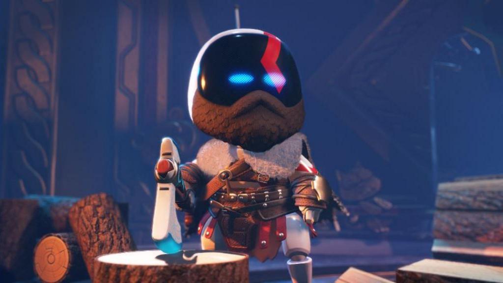 A screenshot shows a cute robot character with glowing blue eyes dressed in viking furs, sporting a fake beard and standing next to some freshly chopped logs.