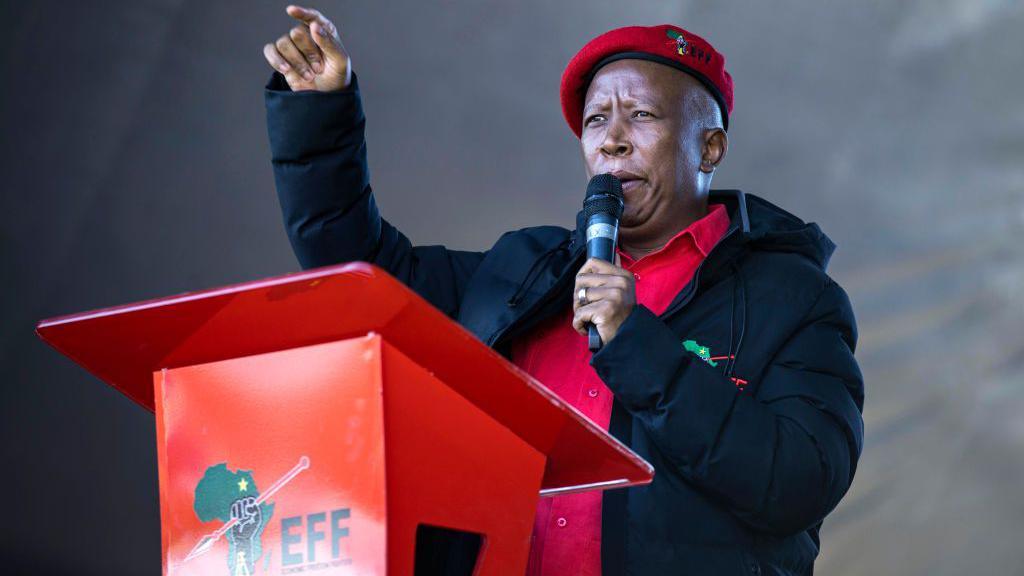 Julius Malema speaking at a rally. He is wearing a dark coat and a red beret, with his arm raised aloft. He is speaking before a red lectern with the symbol of his party and the letters EFF marked on it.