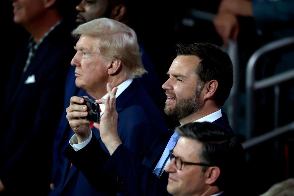 Former US President Donald Trump, from left, Senator JD Vance, a Republican from Ohio and Republican vice-presidential nominee