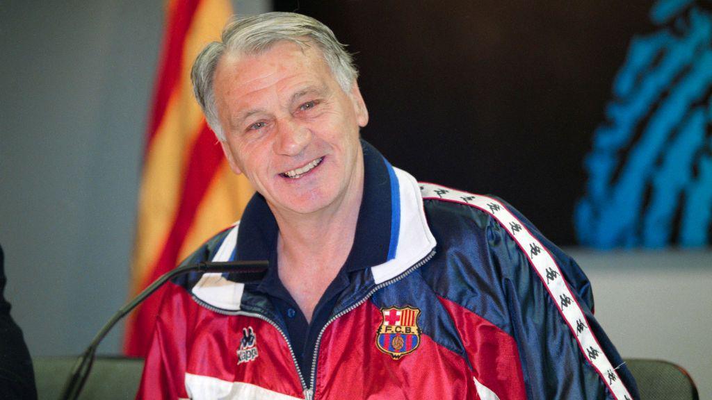 Sir Bobby Robson smiles at a press conference as Barcelona manager at the Nou Camp in 1996