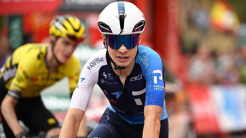 US rider Matthew Riccitello wearing an Israel Premier Tech jersey without the team name on 
