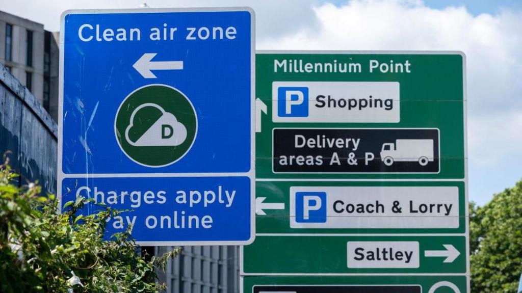 A clean Air zone fine in Birmingham City Centre. It says charges apply online. Behind it, there is a sign for Millennium point in the city. 