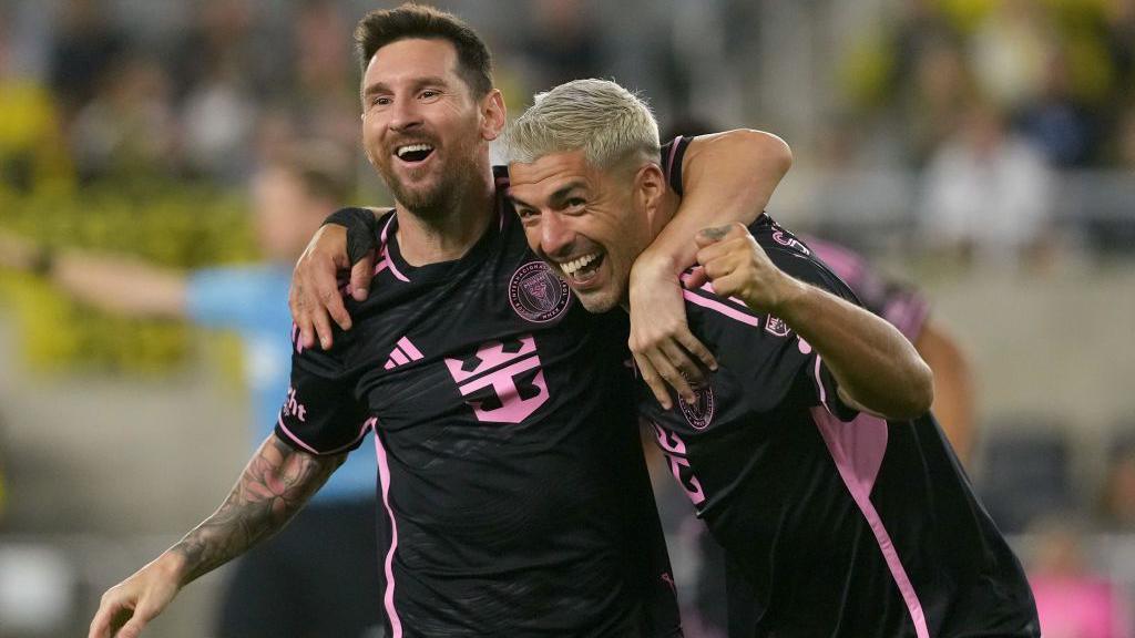 Lionel Messi and Luis Suarez celebrate during Inter Miami's 3-2 win against Columbus Crew