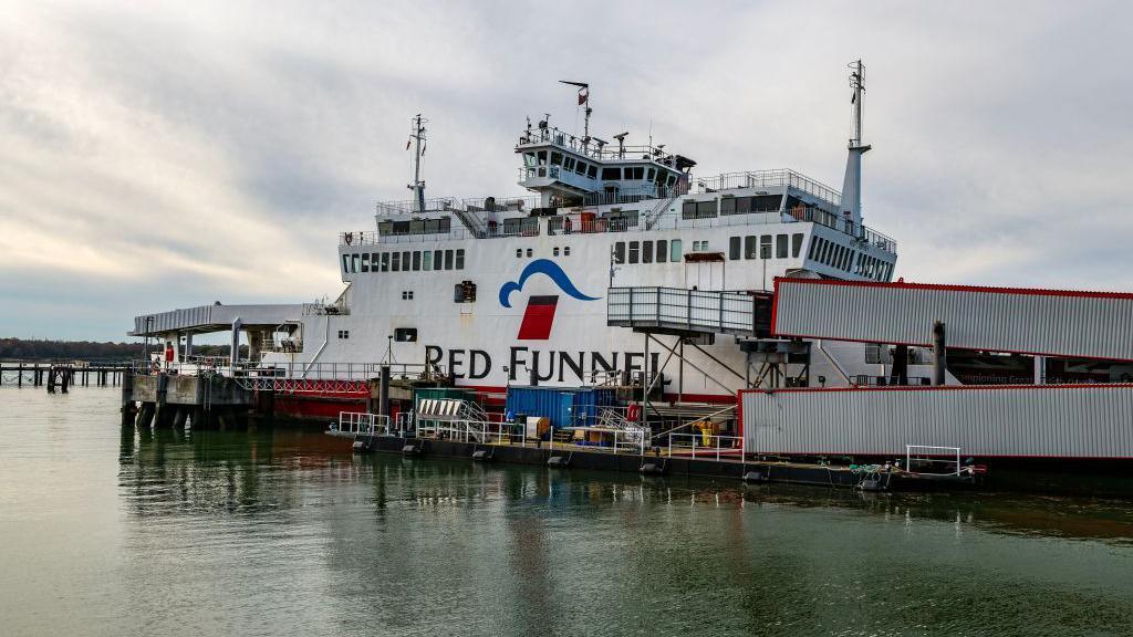 A stationary Red Funnel ferry in the dock at Southampton