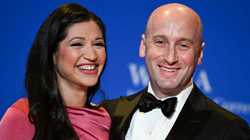 Katie Miller and Stephen Miller at the 2026 White House Correspondents' Association Dinner held at the Washington Hilton on April 25, 2026 in Washington, D.C. 

