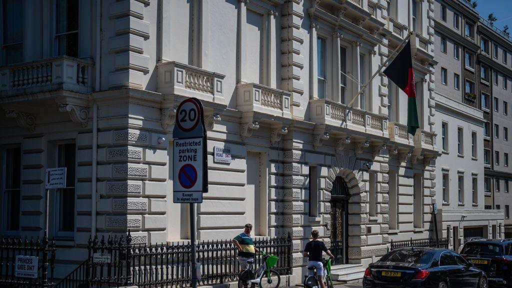 Cars parked outside the Afghanistan embassy in London