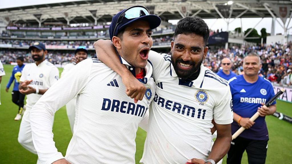 Mohammed Siraj of India celebrates after winning the match with teammate Shubman Gill on day five of the 5th Rothesay Test Match at The Kia Oval on August 04, 2025 in London, England