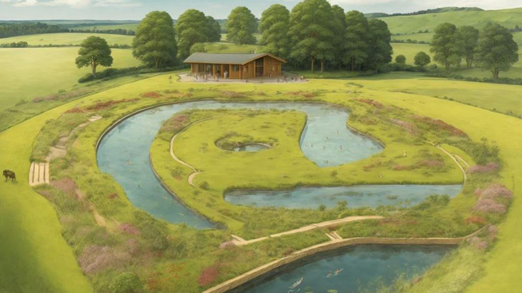 A computer generated image showing what the pools could look like once complete. It is a sprawling green landscape with fields, trees and hedges. In the centre there is a natural round pool with grassy bridges and a green island in the middle. In the background there is a wooden barn which has been converted into a sauna and changing rooms. There are lots of people surrounding the building and swimming in the pool.