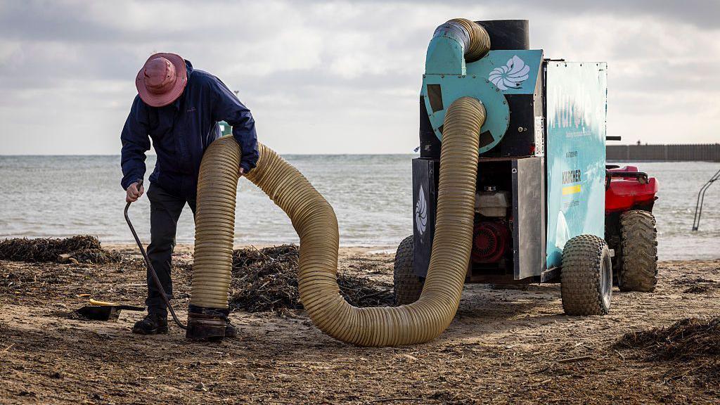 A man in a pink hat, navy coat and black trousers is using a vacuum equipment to remove plastic beads on a sandy beach.  