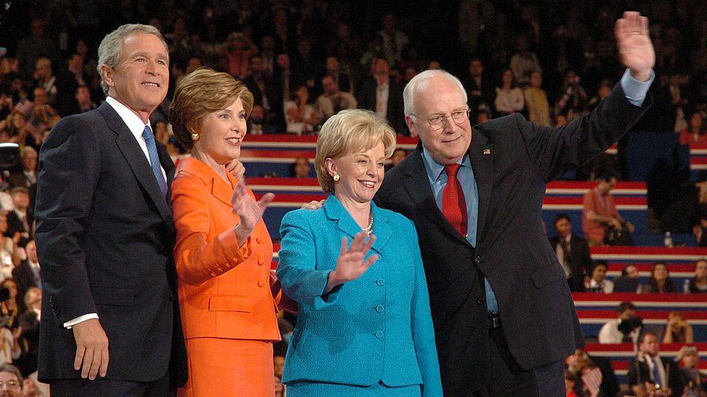 George W Bush, Laura Bush, Lynne Cheney and Dick Cheney wave to the crowd at the 2004 Republican national convention.