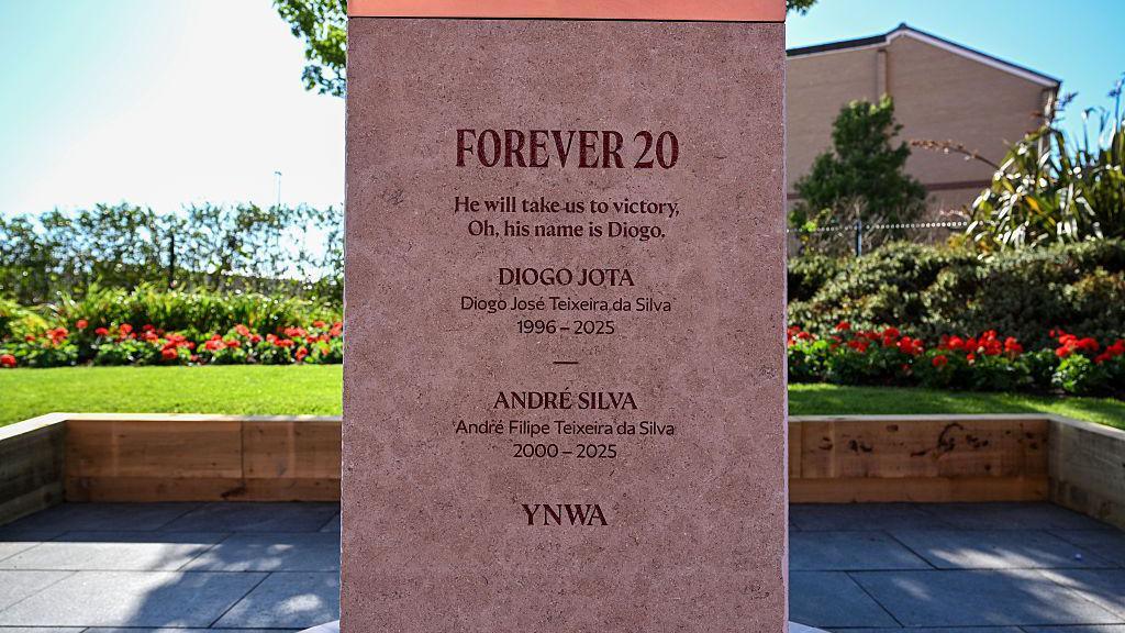 A close up of the inscription on the memorial with 'Forever 20' at the top and some of the lyrics to his song chanted by Liverpool fans: "He will take us to victory. Oh his name is Diogo".