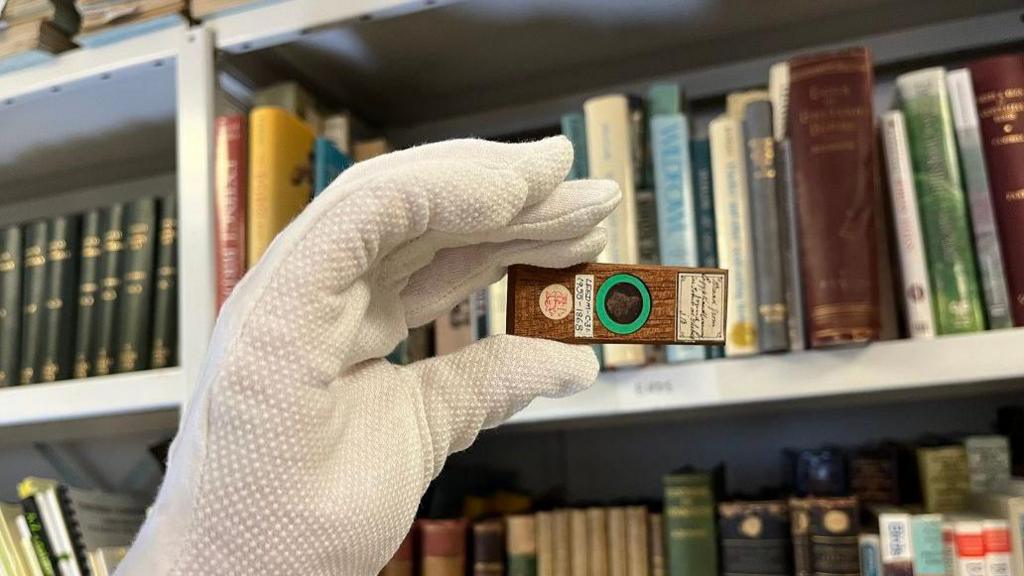 A hand with a white glove hold a wooden slide with a green circle and handwritten description.