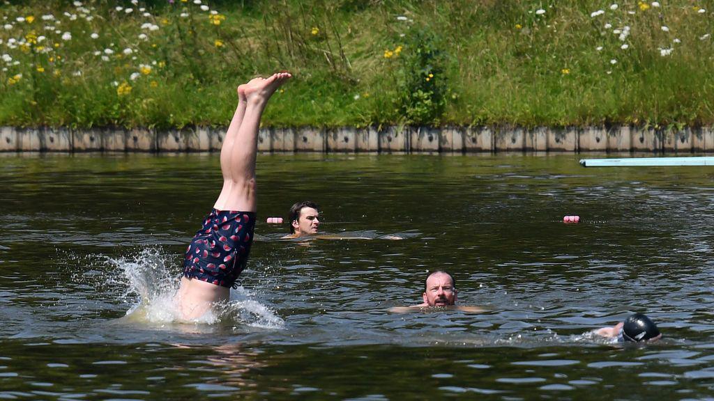 a man dives into one of the ponds 