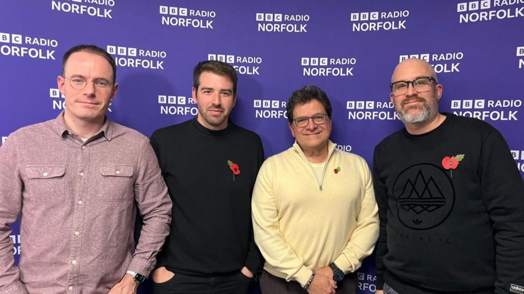 Norwich City's majority shareholder Mark Attanasio (second from right) with the BBC Radio Norfolk team