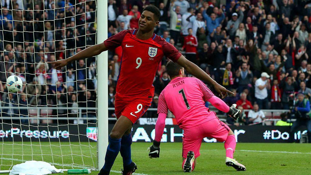 Rashford celebrated his first goal for England. 