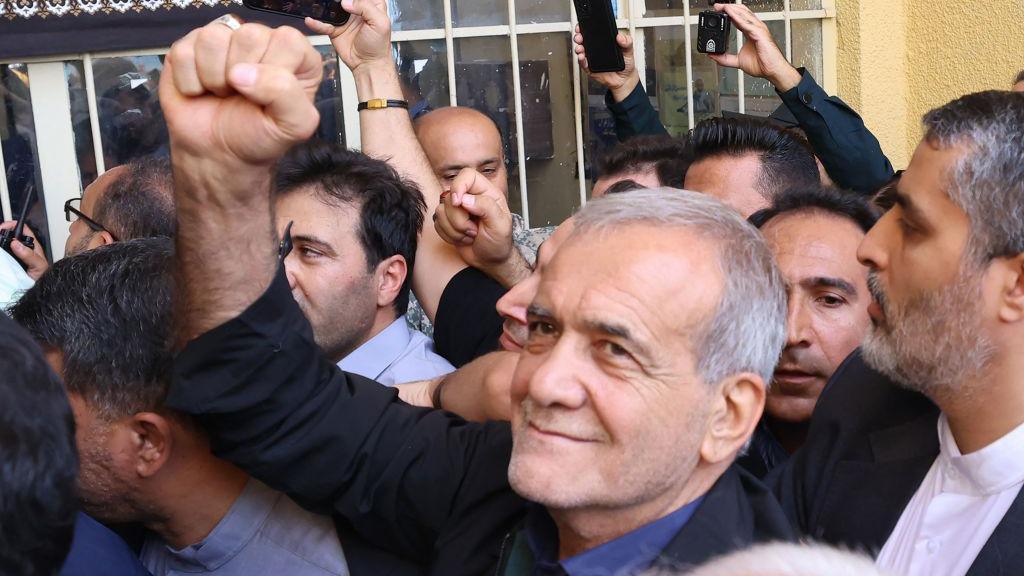 Iranian reformist candidate Masoud Pezeshkian reacts after casting his ballot during the presidential runoff elections in Shareh Qods, west of Tehran on July 5, 2024.