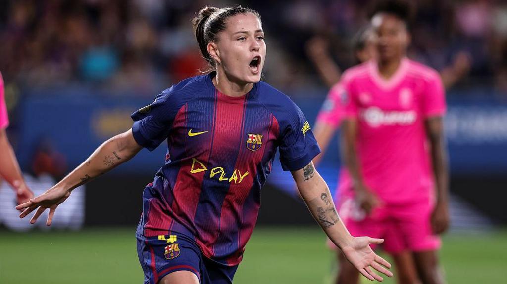 Claudia Pina of FC Barcelona celebrates a goal during the Spanish Women league match against Granada