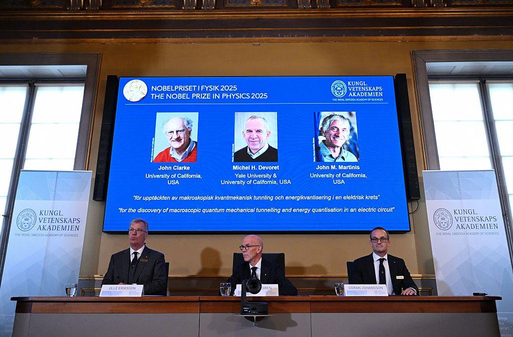 Olle Eriksson, Chair of the Nobel Committee for Physics, Hans Ellegren, Secretary General of The Royal Swedish Academy of Sciences, and Goeran Johansson, Member of the Nobel Committe for Physics, address a press conference to announce the winners of the 2025 Nobel Prize in Physics at the Royal Swedish Academy of Sciences in Stockholm, Sweden,
