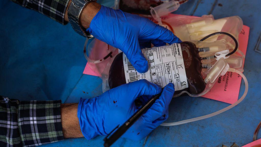 Health care workers are collecting blood from volunteers participating in a blood donation camp 