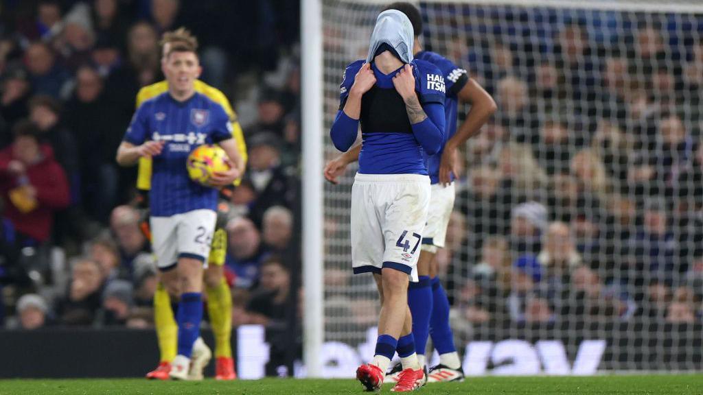 Jack Clarke reacts after Ipswich concede a goal